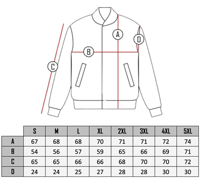RD Leather Blazer size table