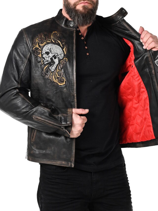 Kurtka Skórzana RD Skull Flames - Czarna