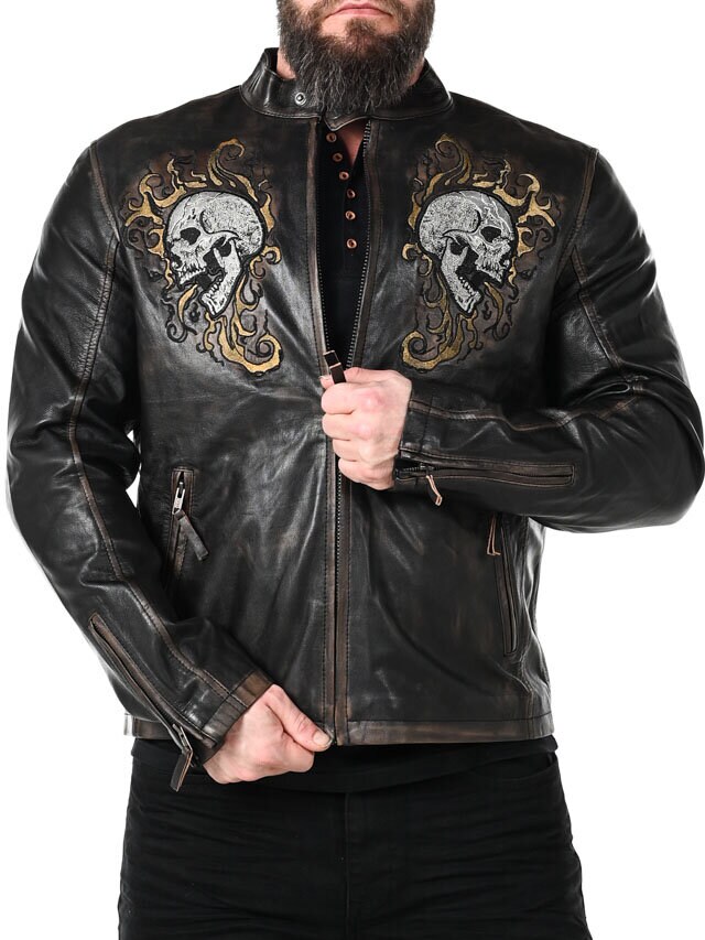 Kurtka Skórzana RD Skull Flames - Czarna