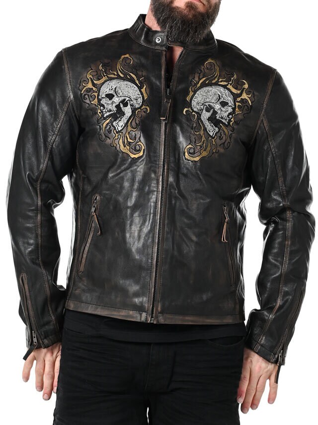 Kurtka Skórzana RD Skull Flames - Czarna