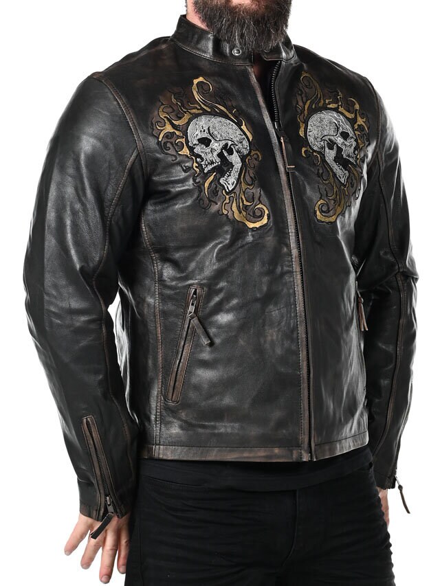 Kurtka Skórzana RD Skull Flames - Czarna