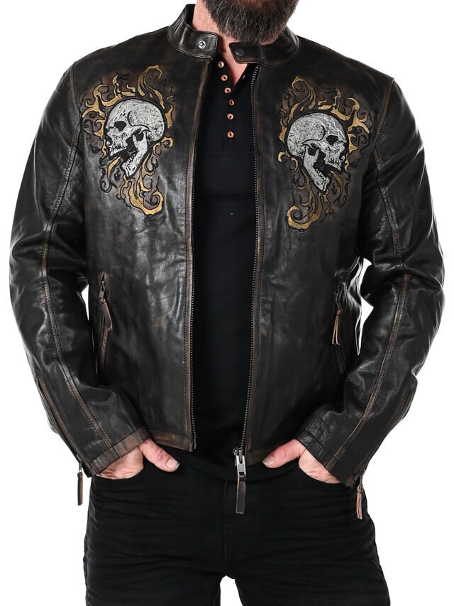Kurtka Skórzana RD Skull Flames - Czarna