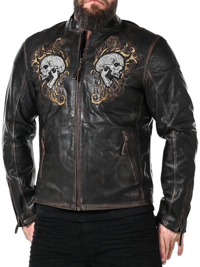 Kurtka Skórzana RD Skull Flames - Czarna