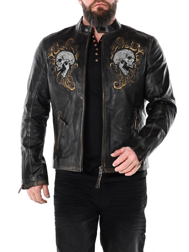 Kurtka Skórzana RD Skull Flames - Czarna