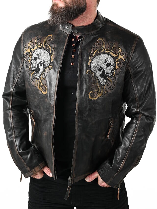Kurtka Skórzana RD Skull Flames - Czarna