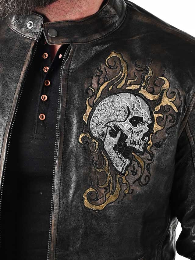 Kurtka Skórzana RD Skull Flames - Czarna