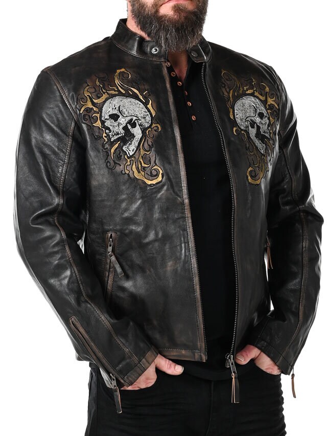 Kurtka Skórzana RD Skull Flames - Czarna