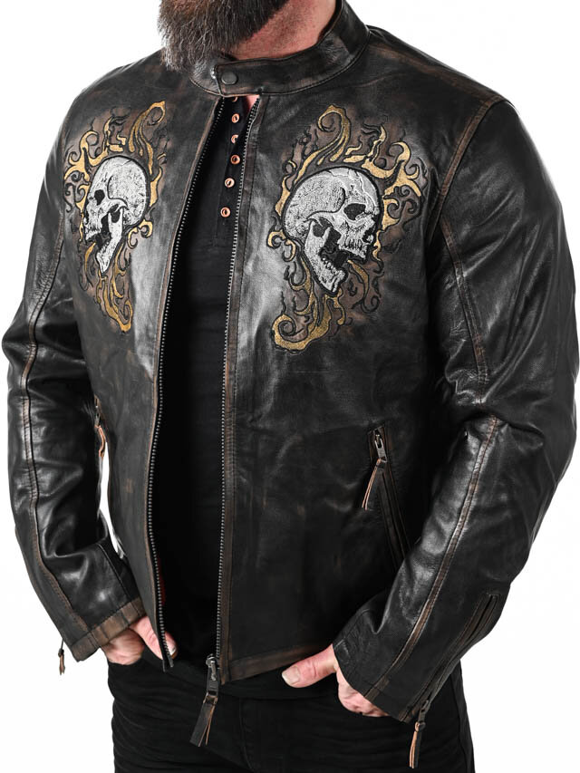 Kurtka Skórzana RD Skull Flames - Czarna