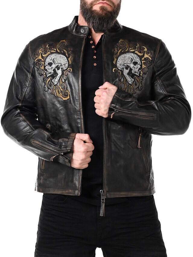 Kurtka Skórzana RD Skull Flames - Czarna