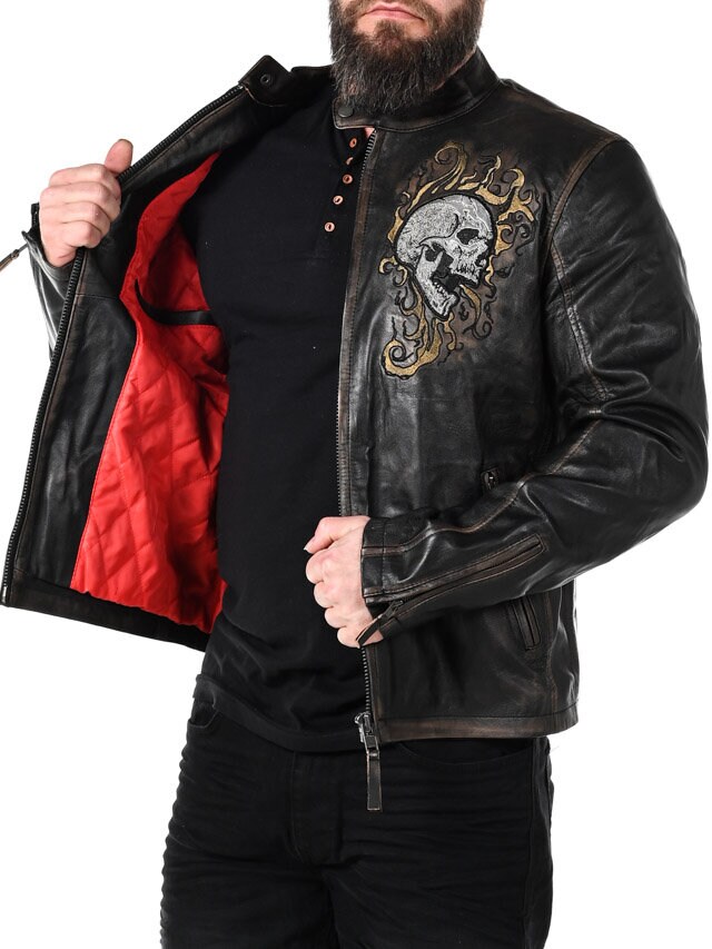 Kurtka Skórzana RD Skull Flames - Czarna