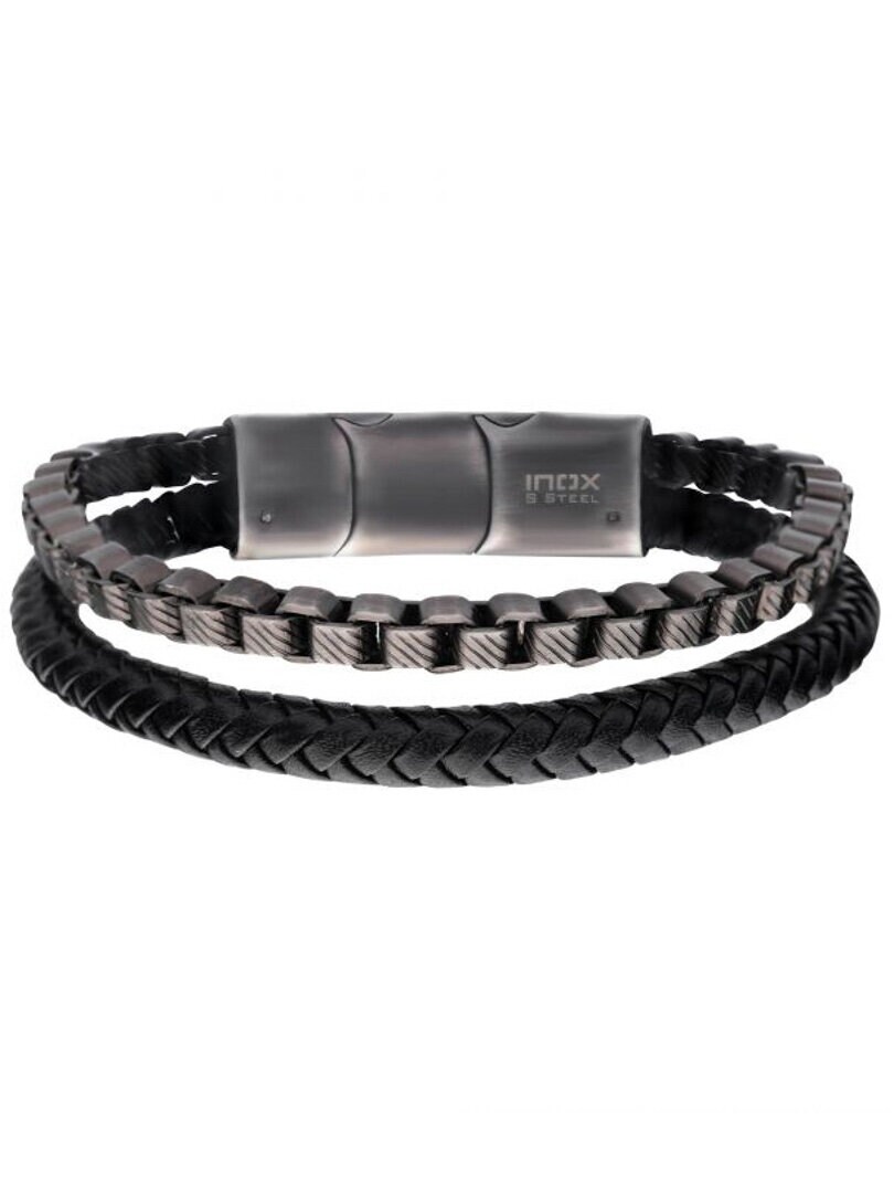 Bransoleta Leather & Chain Inox - Czarna/Srebrna